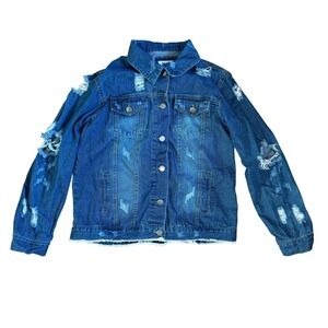 Between Us Distressed Denim Jacket Women L XL Dark Blue Frayed Hem Grunge